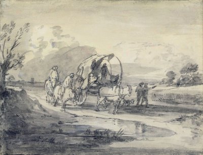Çoban ve Kapalı Araba ile Açık Manzara, c.1780-85 (kağıt üzerine gri ve siyah yıkama ve tebeşir serilmiş) by Thomas Gainsborough