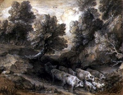 Sığır ve Keçili Ormanlık Manzara, c.1768-72 (kağıt üzerinde siyah beyaz tebeşir) by Thomas Gainsborough