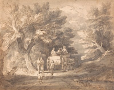 Taşra Arabası ve Bir Şeritte Yürüyen Figürlerle Ormanlık Manzara by Thomas Gainsborough