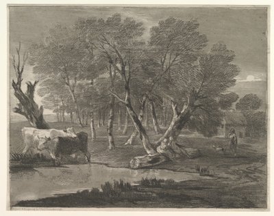 Bir Havuzun Yanında İnekler, Figürler ve Kulübe, 1775-80 ile Ormanlık Peyzaj. by Thomas Gainsborough