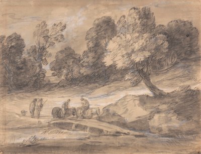 Köprüden Geçen At Sırtında Figürlerle Ormanlık Manzara by Thomas Gainsborough