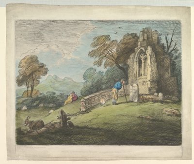 Köylü Okuma Mezar Taşı, Rustik Aşıklar ve Yıkılmış Kilise ile Ormanlık Manzara, 1 Ağustos 1797. by Thomas Gainsborough