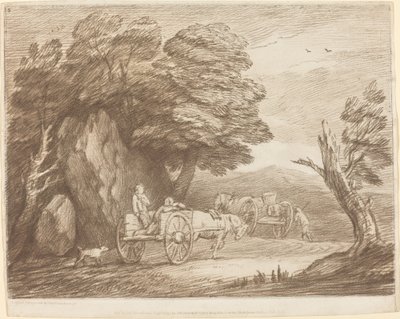 İki Ülke Arabası ve Figürlü Ormanlık Peyzaj by Thomas Gainsborough