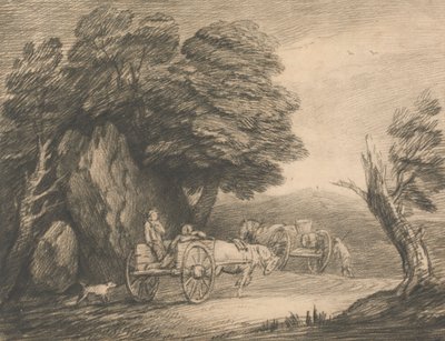 İki Ülke Arabası ve Figürlü Ormanlık Manzara by Thomas Gainsborough