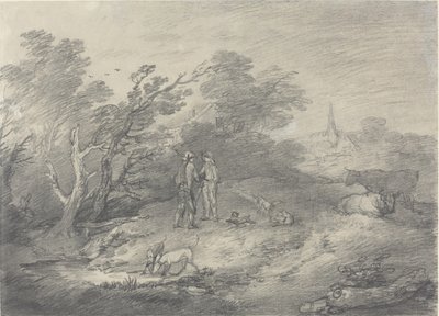 Tavşan Avcıları ve Tazıları Olan Bir Köyün Yakınındaki Orman by Thomas Gainsborough