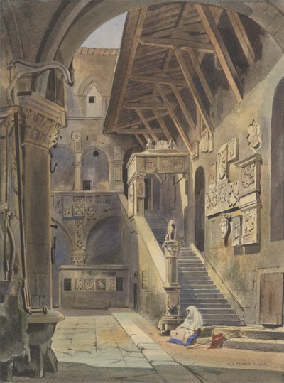 Bargello Mahkemesi, Floransa, 1839 (kağıt üzerinde mürekkep ve kurşun kalemle tuvalet) by Thomas Hartley Cromek