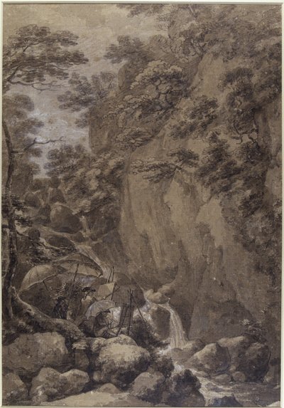 Sir George Beaumont ve Joseph Farington bir şelale boyarken, 1777 (kağıt üzerinde yıkama ile kalem ve mürekkep) by Thomas Hearne