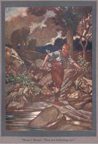 Ayılar! Ayılar! Beni takip ediyorlar (renkli taş baskı) by Thomas Heath Robinson