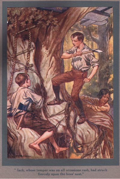 Her fırsatta öfkelenen Jack, arıların yuvasına şiddetle saldırmıştı (renkli taş baskı) by Thomas Heath Robinson