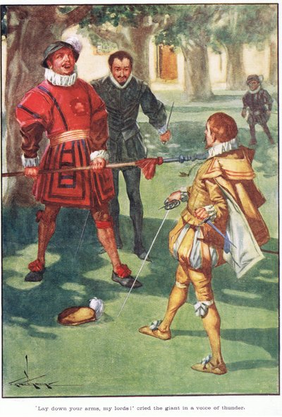 "Silahlarınızı bırakın Lordlarım!" diye bağırdı dev gök gürültüsünü andıran bir sesle (renkli taş baskı) by Thomas Heath Robinson