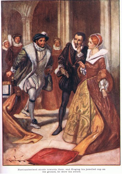Northumberland onlara doğru yürüdü ve mücevherli şapkasını yere fırlatarak kılıcını çekti (renkli taş baskı) by Thomas Heath Robinson