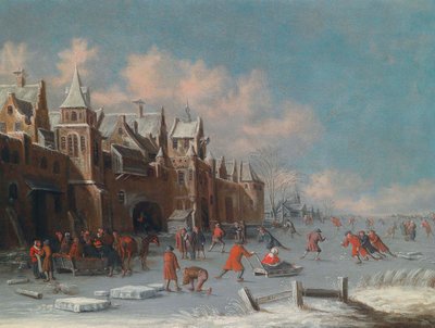 Bir Hollanda şehrinin kapılarının önünde buz üzerinde patenciler by Thomas Heeremans