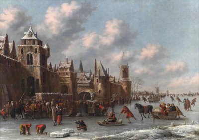 Müstahkem bir kasabanın yanındaki donmuş bir hendekte paten ve kızak kayan figürlerle kış manzarası by Thomas Heeremans