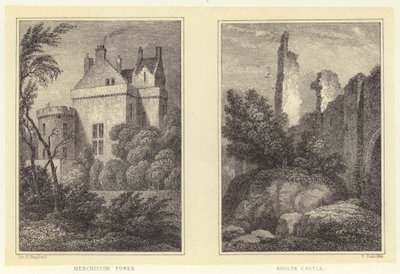 Merchiston Kulesi; Roslyn Kalesi (gravür) by Thomas Hosmer (after) Shepherd