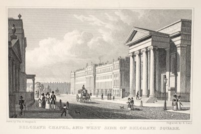 Belgrave Şapeli ve Belgrave Meydanı'nın Batı Yakası, 'Londra ve Ondokuzuncu Yüzyılda Çevresi' pubından. Jones und Co., 1827-1829 by Thomas Hosmer Shepherd