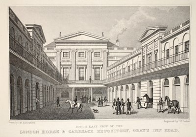 Londra At ve Araba Deposu'nun SE Görünümü, Gray's Inn Road, 'Londra ve Ondokuzuncu Yüzyıldaki Çevresi' pubından. Jones und Co., 1827-1829 by Thomas Hosmer Shepherd