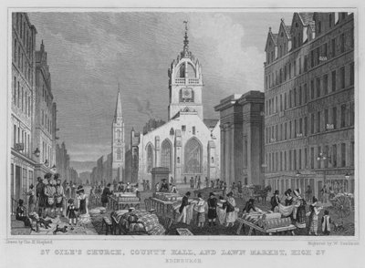St Giles Kilisesi, İlçe Binası ve Çim Pazarı, High Street, Edinburgh (gravür) by Thomas Hosmer Shepherd