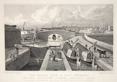 'Londra ve Ondokuzuncu Yüzyılda Çevresi' pub'dan Islington Tüneli, Regent Kanalı'na Çift Dock ve Doğu Girişi. Jones und Co., 1827-1829 by Thomas Hosmer Shepherd