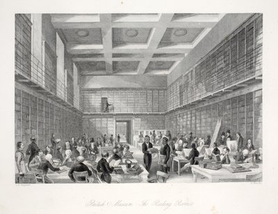 British Museum'daki Okuma Odası ve Kütüphane, 'London Interiors with its Costumes and Seremonies' pub'ından. Joseph Mead, Londra, c.1843 (çelik oyma) by Thomas Hosmer Shepherd