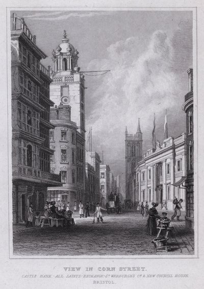 Corn Street, Castle Bank, All Saints, Exchange, St Werburgh Kilisesi ve New Council House, Bristol (gravür) görünümünde by Thomas Hosmer Shepherd