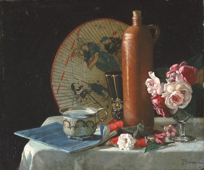 Yelpaze ve Güllerle Natürmort, 1874. by Thomas Hovenden