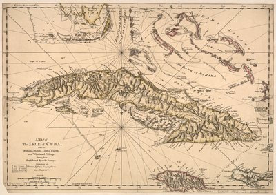 Bahama Adaları, Florida Körfezi ve Windward Geçidi ile birlikte Küba adasının haritası- İngiliz ve İspanyol araştırmalarından çizilmiştir. LOC 73697703 by Thomas Jefferys