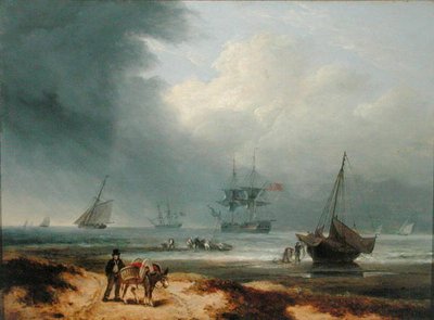 Kıyıda Çalışan Adamlarla Rüzgarlı Bir Körfezde Gemicilik by Thomas Luny