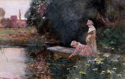 Nilüfer Toplarken. Bir gölette kayıkta nilüfer toplayan iki genç kız. Thomas Mackay (1851-1920) tarafından yapılmış resim Özel koleksiyon by Thomas Mackay