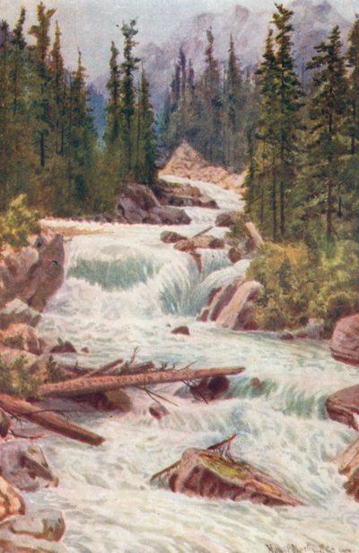 Illecillewaet Nehri üzerindeki şelaleler, Selkirk Dağları, British Columbia (renkli lito) by Thomas Mower Martin