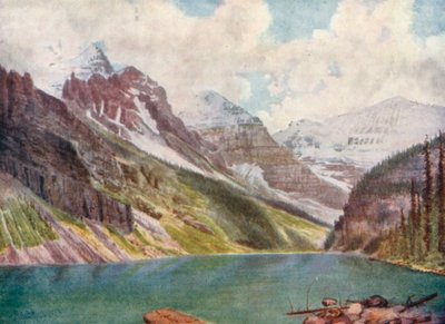 Louise Gölü üzerindeki Aberdeen, Lefroy ve Victoria Dağları (renkli litografi) by Thomas Mower Martin