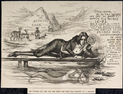 Oscar Wilde Narcissus olarak (bir yazıt ile) (gravür) by Thomas Nast
