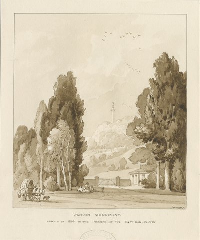 Sandon - William Pitt Anıtı: sepya yıkama çizimi, 1838 by Thomas Peploe Wood