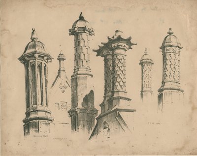 Kalın süpürge Salonu ["Manley Salonu"] - Finials ve Bacalar: litografi, 1838 by Thomas Peploe Wood
