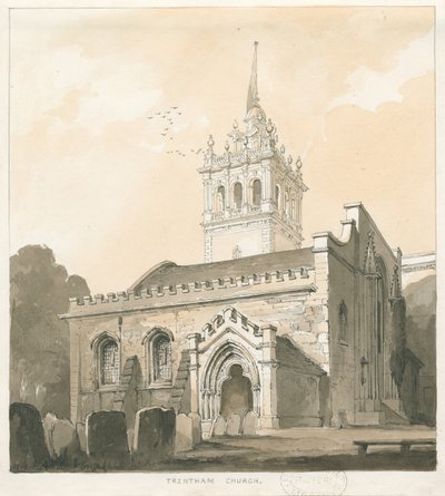 Trentham Kilisesi: sepya ve sarı yıkama çizimi, nd [?1838] by Thomas Peploe Wood