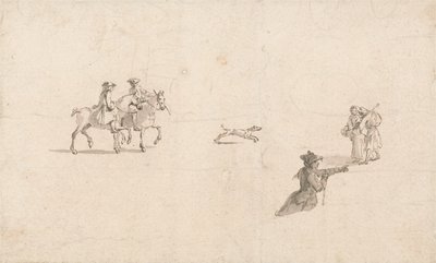 Biniciler, Figürler ve Köpek (kağıt üzerine kalem ve mürekkep) by Thomas Ross