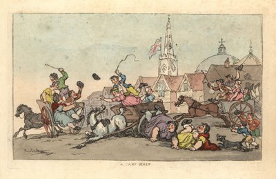 Ön planda bir kaza olan bir İngiliz kasabasında bir araba yarışı by Thomas Rowlandson