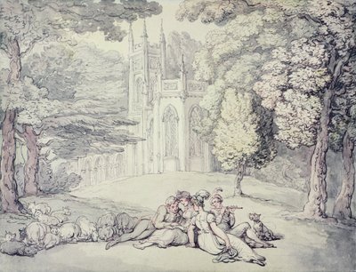 Ön planda bir grup genç ve genç beyefendinin bulunduğu bir kolej yeşili, c.1810-15 (kağıt üzerine kurşun kalem üzerine kalem ve mürekkep ve suluboya) by Thomas Rowlandson