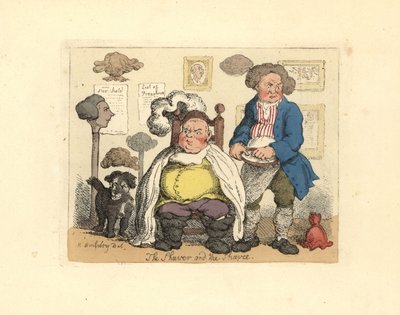 Peruklarla süslenmiş bir berber dükkanında berber ve müşteri. by Thomas Rowlandson