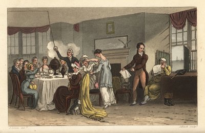 Old Bell Inn, Scarborough Kahvaltı Salonu. Kahve içen, gazete okuyan, Regency odasında kahvaltı eden konuklar. Poetical Sketche