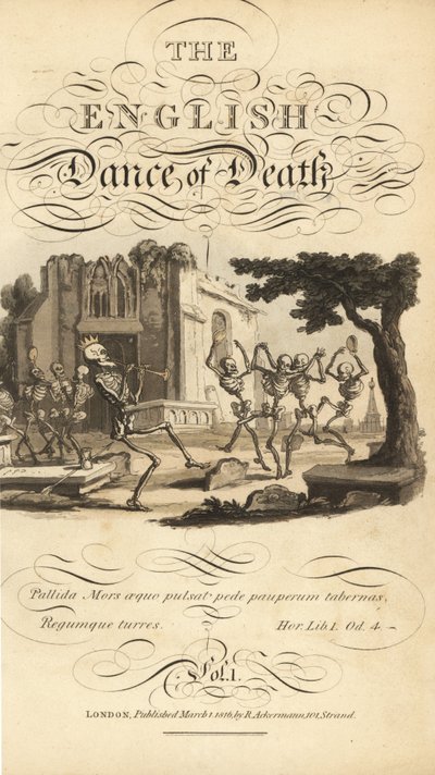 Harap bir kilisenin yakınındaki bir mezarlıkta tefler ve boynuzlarla dans eden iskeletlerin kaligrafik başlığı ve vinyet. İngiliz Ölüm Dansı, Ackermann, Londra