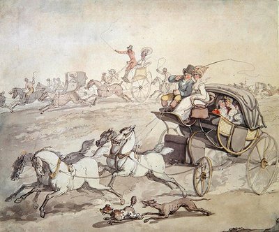 Açık Otlaklarda Tam Hızda Arabalar ve Biniciler, c.1800 (kağıt üzerinde yıkama ile kalem ve mürekkep) by Thomas Rowlandson