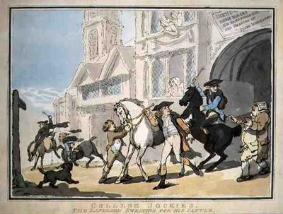 "Üniversite Jockies, Sığırları İçin Terleyen Ev Sahibi", pub. E. Jackson tarafından by Thomas Rowlandson
