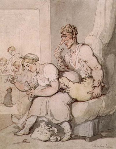 Darning The Sock (kalem ve mürekkep, sulu boya) by Thomas Rowlandson