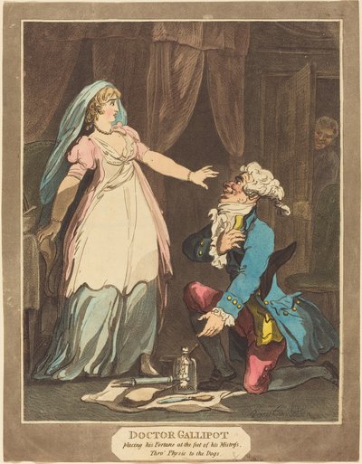 Doktor Gallipot, Servetini Metresinin ayaklarının dibine koyuyor by Thomas Rowlandson