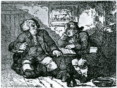 Dr Johnson ve James Boswell, şehirde bir gece geçirdikten sonra akşamdan kalmalıktan kurtuluyor by Thomas Rowlandson