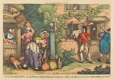 Aşk için Ölmek veya Kaptan Dikkatsiz, Beklenmedik Bir Şekilde Kafasını Kanattan Çıkaran On Beş Yaşındaki Bir Kız tarafından uçarken vuruldu. by Thomas Rowlandson