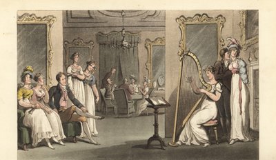 İngiliz beyefendi ve bayanlar bir baloda arpçı dinlerken by Thomas Rowlandson