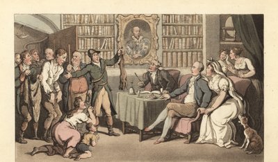 İngiliz bey, çalışma odasında bir kaçak avlanma vakasını dinliyor. by Thomas Rowlandson