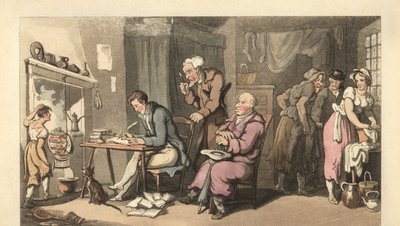 Eskimiş bir salonda bir dilenci mektubu yazan İngiliz beyefendi by Thomas Rowlandson