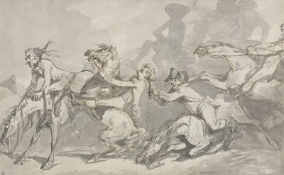 Horsemen Colliding, c.1785-90 (kağıt üzerinde kahverengi lekeli kalem ve mürekkep) by Thomas Rowlandson